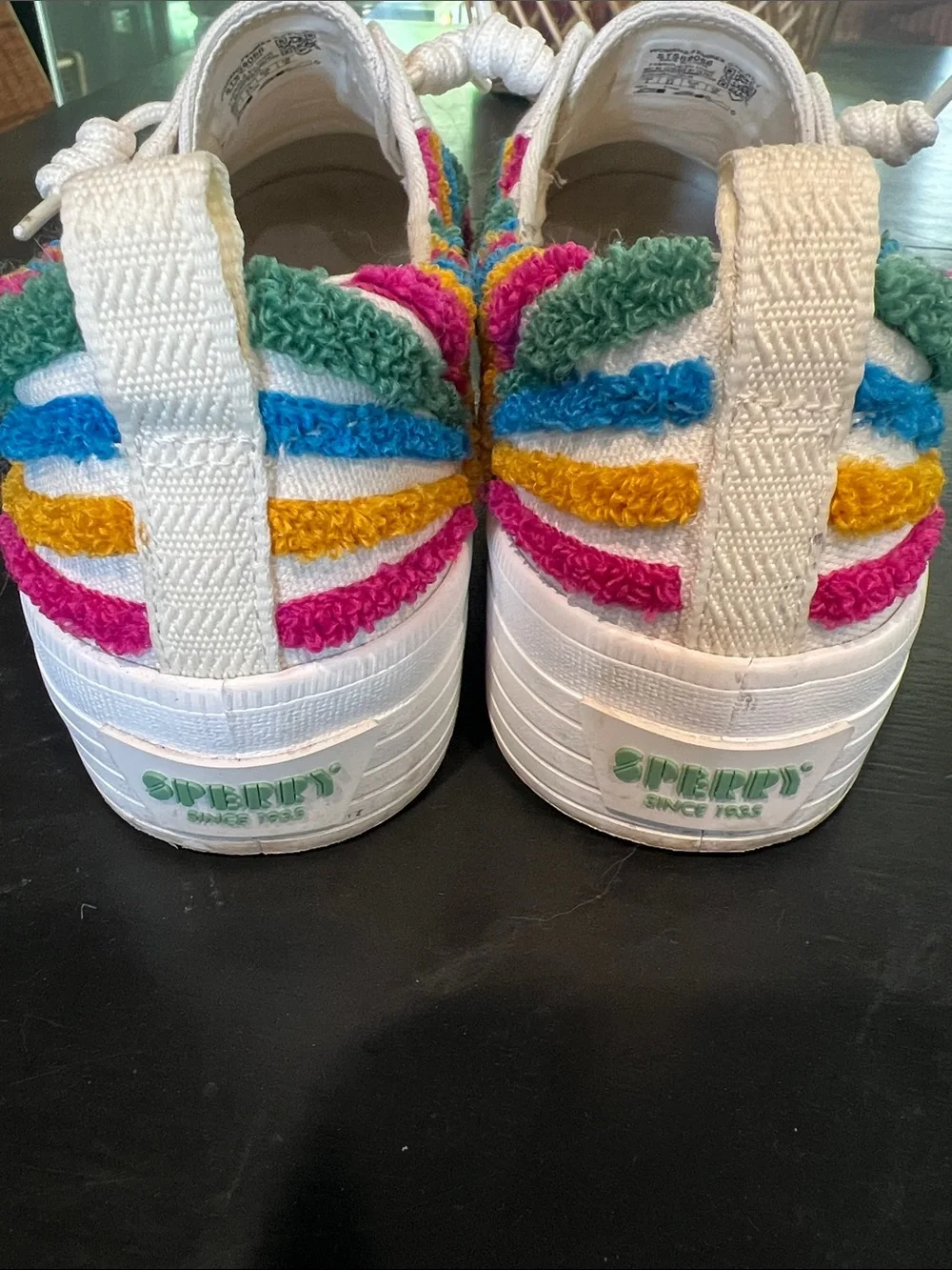 Sperry Cream Canvas Sneakers with Multicolor Terry Stripes